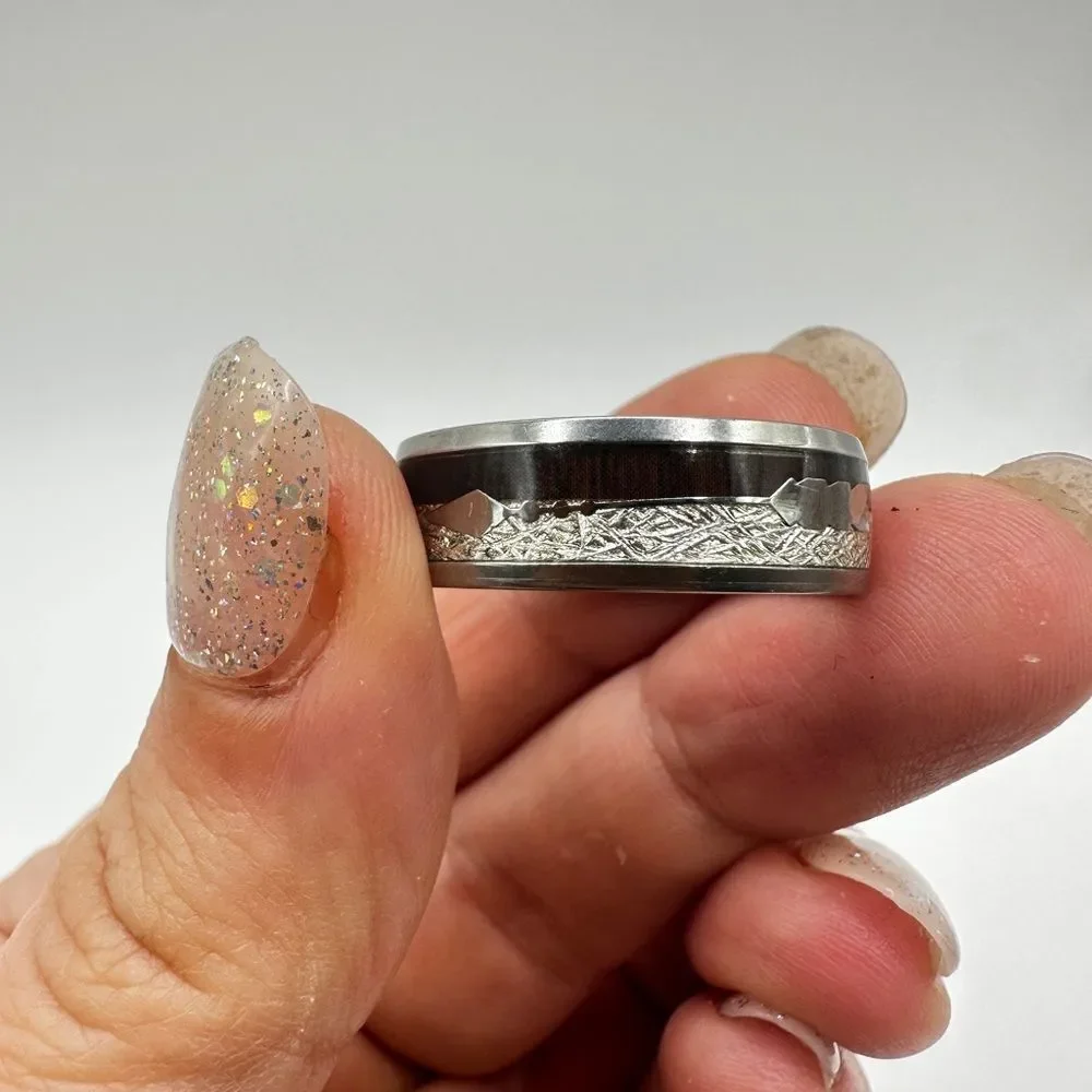 Men's size‎ 12.5 silver with resin/high polish scroll design, wood/ arrow ring!